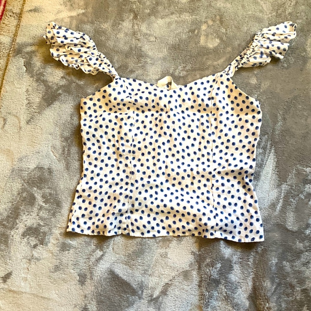 Blue and white dot linen tank - wear on or off shoulder